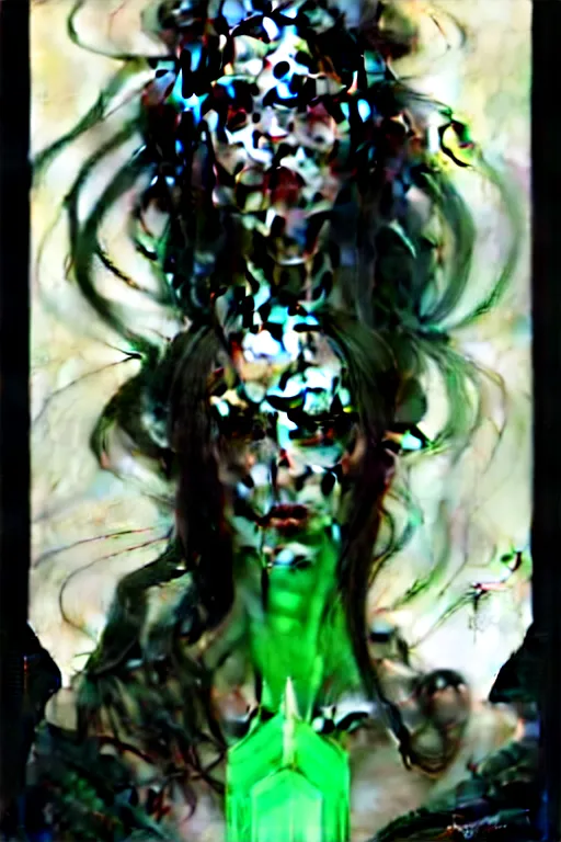 Image similar to portrait of a dark fantasy seductive female necromancer, stylish black dress, green eyes, long red hair, fantasy, elegant, intricate, full frontal shot, highly detailed, digital painting, artstation, concept art, sharp focus, illustration, art by artgerm and greg rutkowski and alphonse mucha