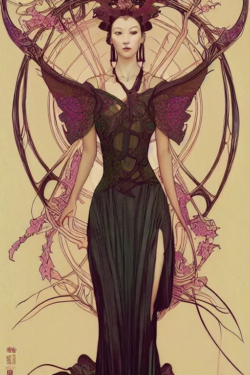 Image similar to full length portrait of a beautiful mysterious chinese fairy by eve ventrue, michael carson, andreas rochas, john watkiss, casey weldon, artgerm. art nouveau. tarot card by mucha. gloomhaven. swirly intricate linework background. gaudy colors, sharp edges. octane render