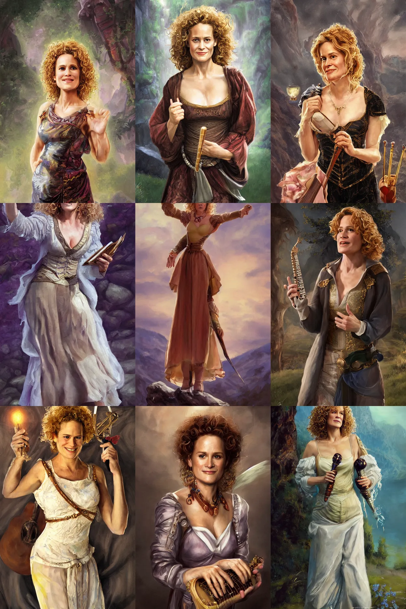 Prompt: a full body high detail fantasy portrait oil painting illustration of elizabeth shue as a beautiful sophisticated singing bard by justin sweet with face and body clearly visible, in a scenic background, pupils visible, realistic proportions, d & d, rpg, forgotten realms, artstation trending, high quality, sombre mood, artstation trending, muted colours, entire person visible!