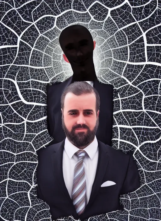 Image similar to matte painting of man in suit with black mandelbrot fractal as head