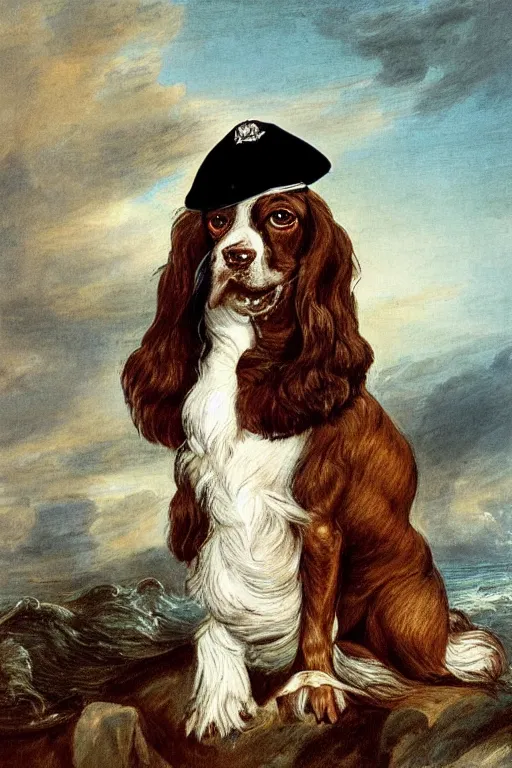 Prompt: A painted portrait of an entirely brown springer spaniel with no white hair, wearing a sea captain's uniform and hat, stood aboard a ship at sea, by Thomas Gainsborough, elegant, highly detailed, anthro, anthropomorphic dog