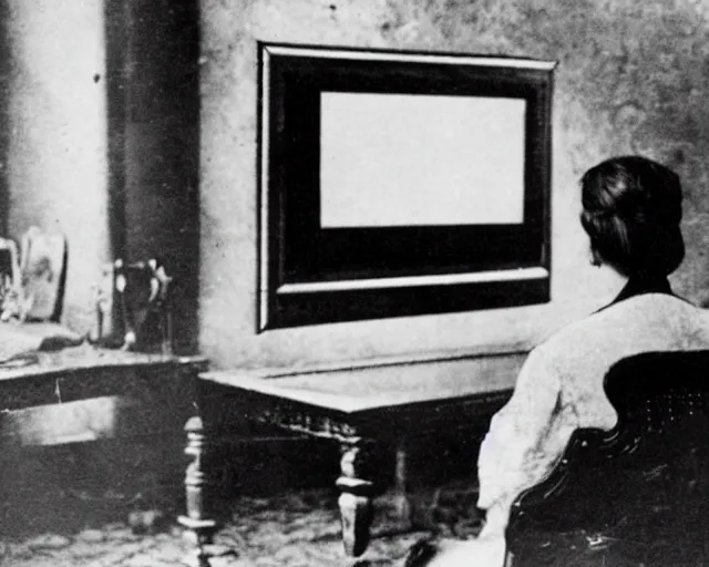 Image similar to 1 9 0 0 s photo of a person watching a flat screen hd tv