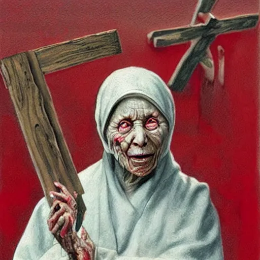 Image similar to a hyperrealistic painting of mother theresa as a zombie, holding a crucifix, by santiago caruso, highly detailed, sharp focus,