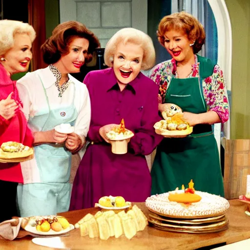 Image similar to betty white in golden girs ( tv ) eating cheesecake in the kitchen with her friends.