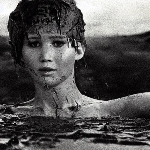 Image similar to film still, close up, jennifer lawrence rising out of muddy vietnam river, face covered in mud, low camera angle at water level, night time, film still from apocalypse now ( 1 9 7 9 ), 2 6 mm.