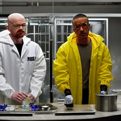 Image similar to walter white and jesse pinkman in gus frings underground laboratory making crystal covered donuts