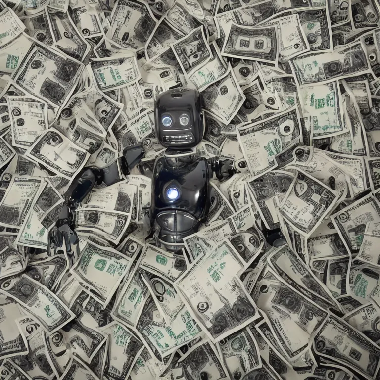 Prompt: Dall-E AI robot, drowning in cash,