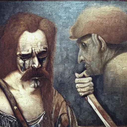 Image similar to marvellous painting of crying amber turd loosing the trail to johnny depp in a full room of judges all swinging a hammer to her loss, oil painting by leonardo davinci, 4k, high resolution