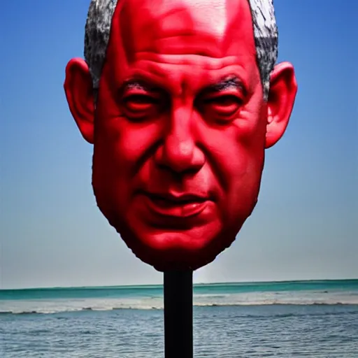 Image similar to a giant benjamin netanyahu head, sculpture made out of juicy and transparent red jelly in the sea, long shot, hyper detailed, hyper realistic, ray tracing, 8 k resolution, sharp focus, realistic water, award winning