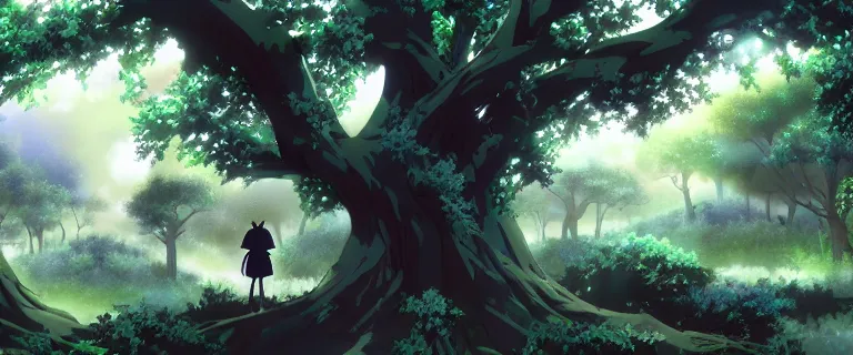 Image similar to detailed exterior of a dark mystical forest, anime key visual