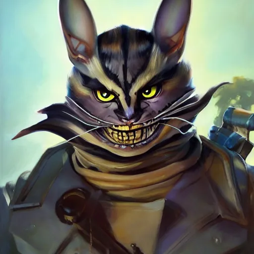 Image similar to greg manchess portrait painting of fully armored cheshire cat from alice in wonderland as overwatch character, medium shot, asymmetrical, profile picture, organic painting, sunny day, matte painting, bold shapes, hard edges, street art, trending on artstation, by huang guangjian, gil elvgren, ruan jia, randy vargas, greg rutkowski