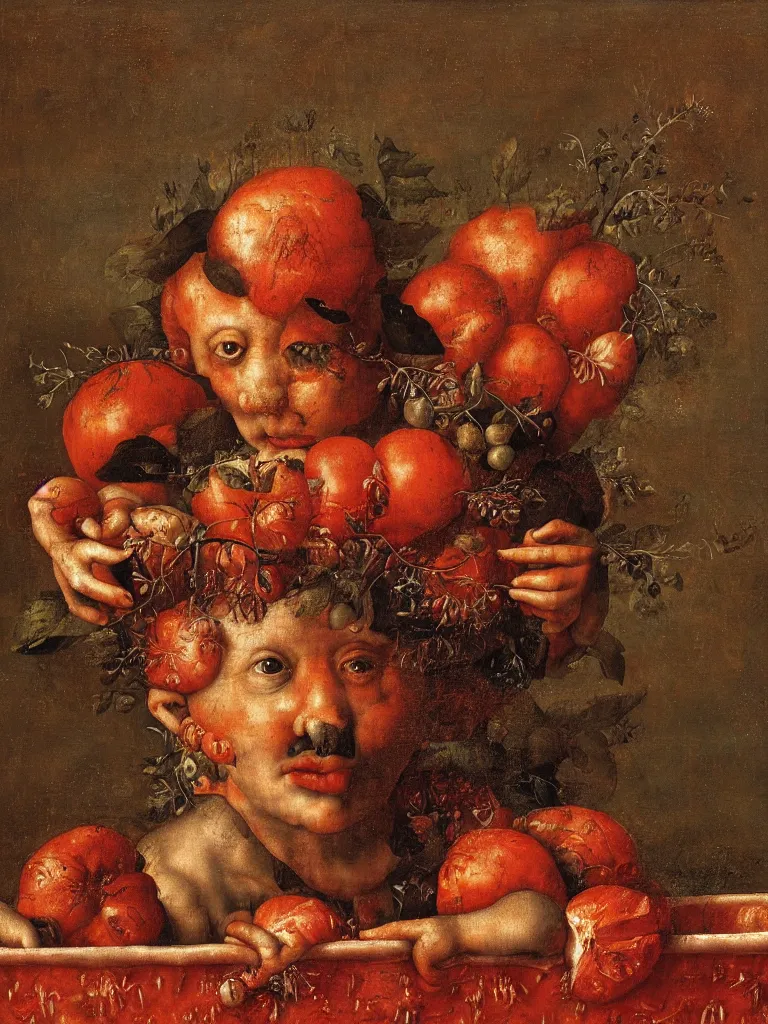 Image similar to a boy sitting in a tub full of tomato sauce, by giuseppe arcimboldo, renaissance, portrait, fruit, detailed oil paint, high definition