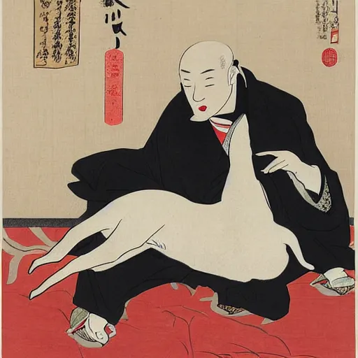 Image similar to tired white pitbull puppy curled up on a japanese man's lap, vintage, art by utamaro