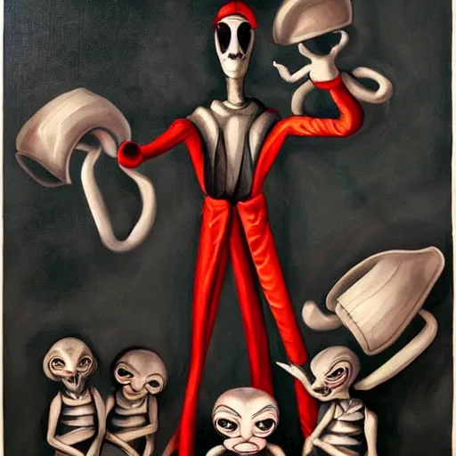 Image similar to beautiful painting of the evil porcelain old puppeteer surrounded by toy ballerinas in the style of Welder Wings and H. R. Giger. Dark background, detailed, trending on Artstation