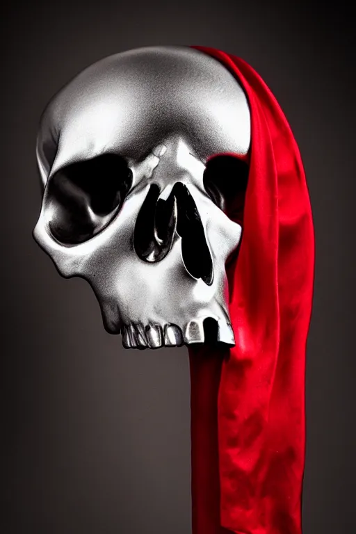 Image similar to chrome cyclops skull statue layed on a red silk fabric, by hedi xandt and antonio corradini, macabre art, dark surrealism, epic and cinematic view, volummetric light, texturized, detailed, 8 k