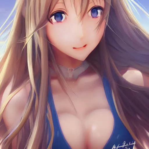 Image similar to a very beautiful young yuuki asuna, full body, long wavy blond hair, sky blue eyes, full round face,, bikini, miniskirt, front view, mid - shot, highly detailed, cinematic wallpaper by stanley artgerm lau