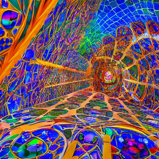 Prompt: visionary architecture by antoni gaudi, john stephens, alex gray, lisa frank