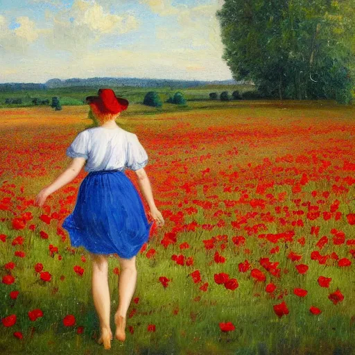 Image similar to a field of red roses with a lady in blue walking in the middle of the field, oil on canvas, bloom, morning, high detail