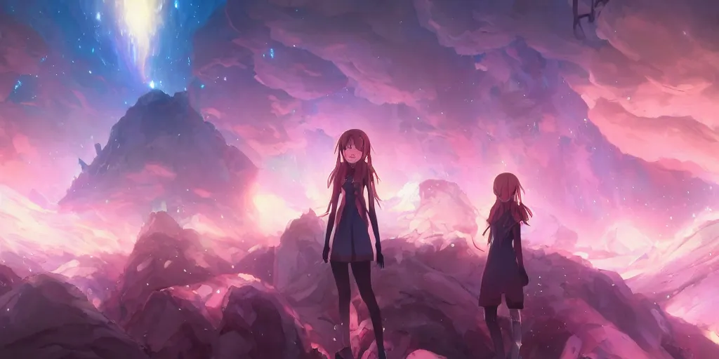 Prompt: isekai masterpiece by mandy jurgens, irina french, rachel walpole, ross tran, illya kuvshinov, deeznutz, and alyn spiller of an anime woman standing tree log looking up at giant crystals, nebula night, cinematic, very warm colors, intense shadows, ominous clouds, anime illustration, anime screenshot composite background