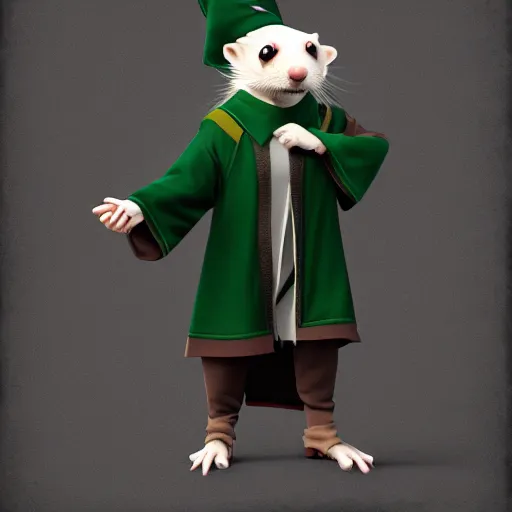 Image similar to a anthropomorphic ferret is dressed as a hogwarts student in slytherin robes, hyperdetailed, artstation, cgsociety, 8 k