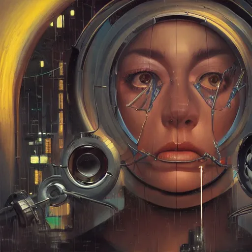 Image similar to detailed face of a clockwork biomechanical woman, moment, cyberpunk cloisters, electronic billboards, tech noir, wet reflections, prism, atmospheric, ambient, pj crook, syd mead, livia prima, greg rutkowski, edward hopper