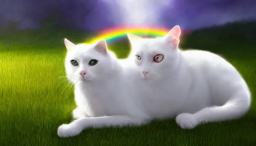 Prompt: white cat looking at the rainbow on the grass, hyperdetailed, artstation, cgsociety, 8 k