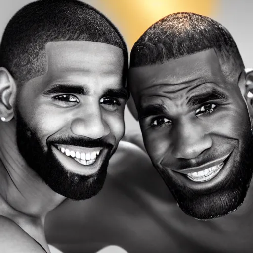 Image similar to beautiful serene intricate portrait of kyrie irving and lebron james taking a selfie, smiling softly, relaxing on the beach, golden hour, soft focus, 8 k, art by irakli nadar, hyperrealism, hyperdetailed, ultra realistic