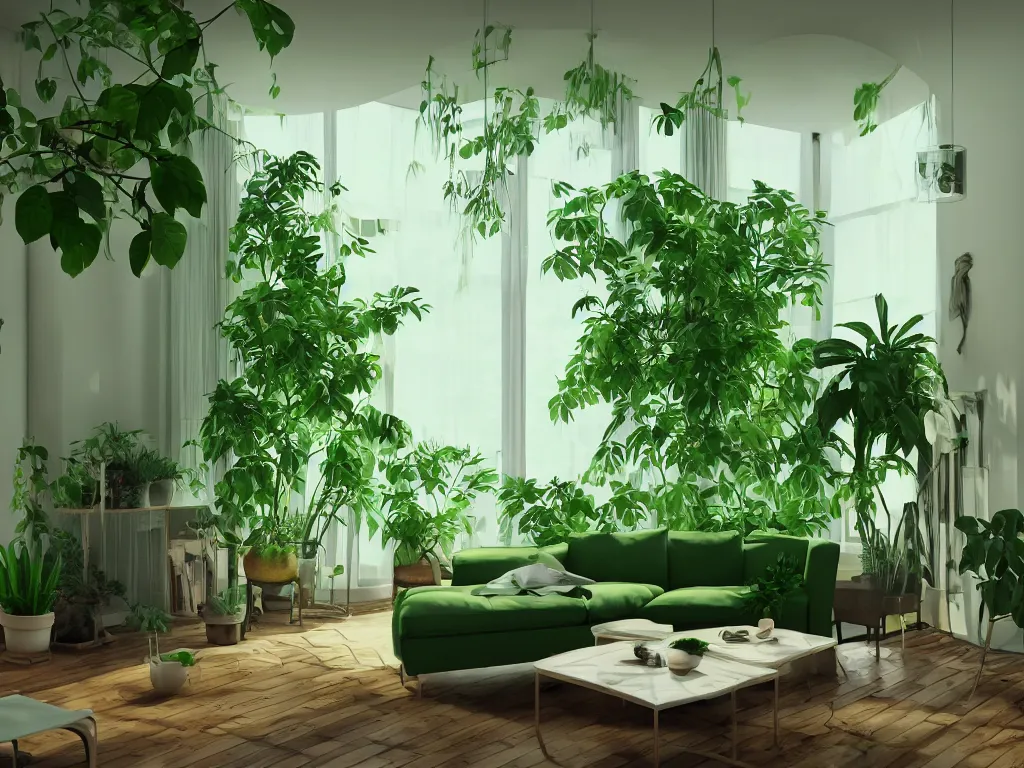 Image similar to comfy green living room with many plants, complicated liminal interior, Lynchian, unsettling, dreamlike with vapor clouds and painting by Henri Rousseau, 3D render by Beeple and Barry Chuckle, layered, parallax effect