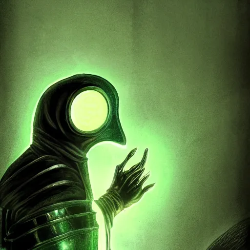 Image similar to sci - fi plague doctor power armor, inhumanly tall, inhumanly thin, black plate clawed hands, plague doctor mask, green glow eyes, green glowing trim, focused, plague, heavy armor, illustration, award winning, digital art, trending on artstation, incredible, highly detailed, fantasy, sci - fi