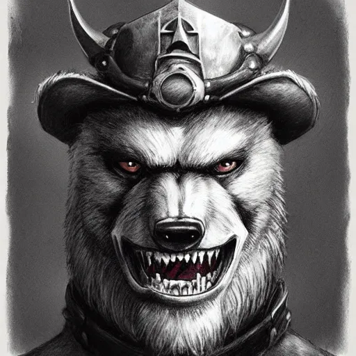 Image similar to dashing charming grinning charismatic bear beast-man rogue, wearing captain's tricorne hat, naval background, amazing, lifelike award winning pencil illustration trending on art station artgerm Greg rutkowski cinematic