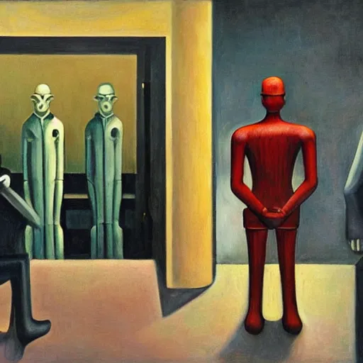 Image similar to prisoners, robotic guards, human subjugation, mind control, dystopian, pj crook, edward hopper, oil on canvas