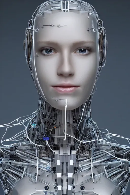 Image similar to robot with human face, female head, full body angle, woman human face, human face realistic, beautiful blonde hair, human head, human head with blonde hair, blonde hair human head, blonde hair, human realistic face, human head skin, cyborg frame concept, cyborg by ales-kotnik, sci-fi android female, the body is made of wires, robotic body, cyborg body, cyborg bust body, robot body cyborg, full body