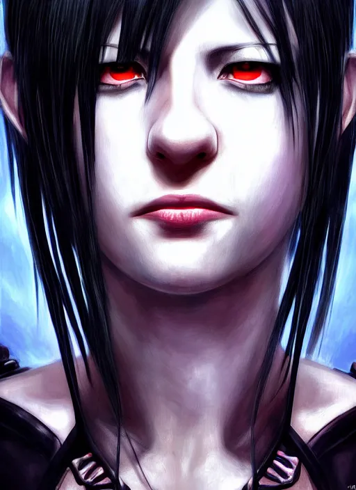 Prompt: administrator of nightmare realm Tifa Lockhart stares intently at you. ultra detailed painting at 16K resolution and epic visuals. epically surreally beautiful image. amazing effect, image looks crazily crisp as far as it's visual fidelity goes, absolutely outstanding. vivid clarity. ultra. iridescent. mind-breaking. mega-beautiful pencil shadowing. beautiful face. Ultra High Definition. processed twice. polished marble.