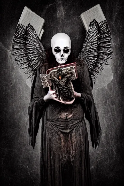 Image similar to dlsr photo illustration of envoked dark angel holding a book of necronomicon, symmetrical, cinematic, sharp focus, 4 k, ultra hd, sense of awe, sinister demonic atmosphere, dreadful, forbidden knowledge, old gods. demonology journal cover