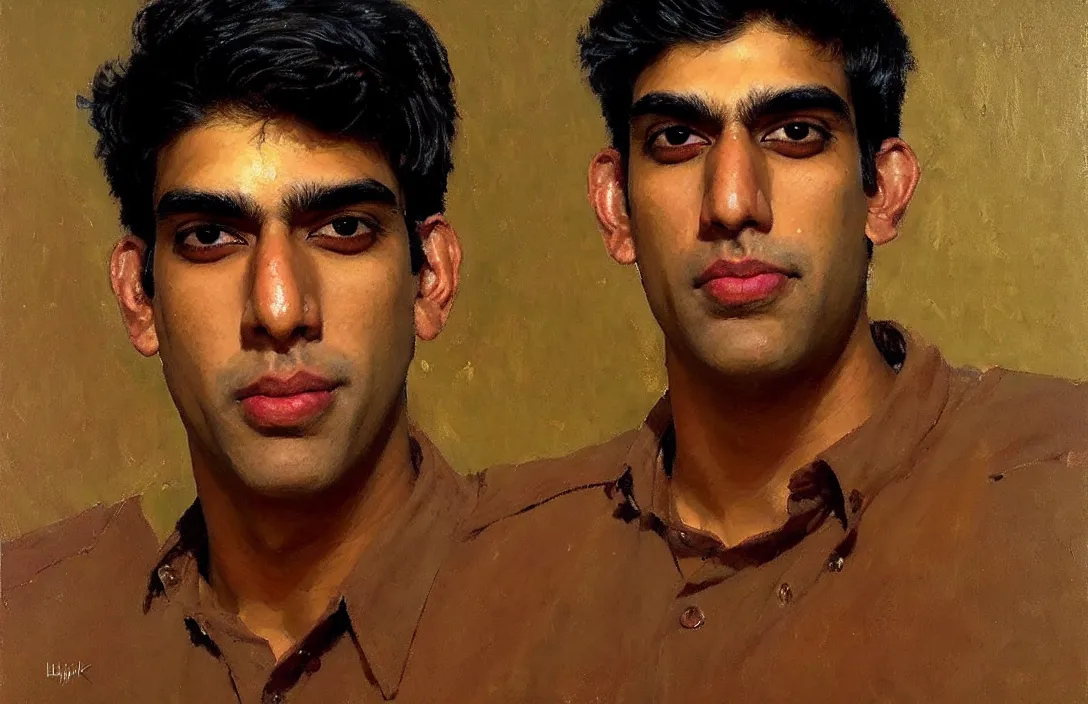 Image similar to portrait of rishi sunak!!!!!!!!!!!!!!!!!!!!!!!!!!!, detailed face, detailed painting, epic lighting, by ilya repin, phil hale and kent williams