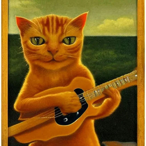 Prompt: a ginger cat dressed as an Hardrocker playing electric guitar, by Michael Sowa