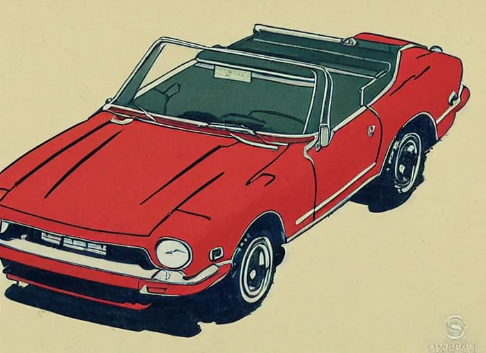 Image similar to ukiyo - e painting of a detailed 1 9 6 9 datsun fairlady roadster