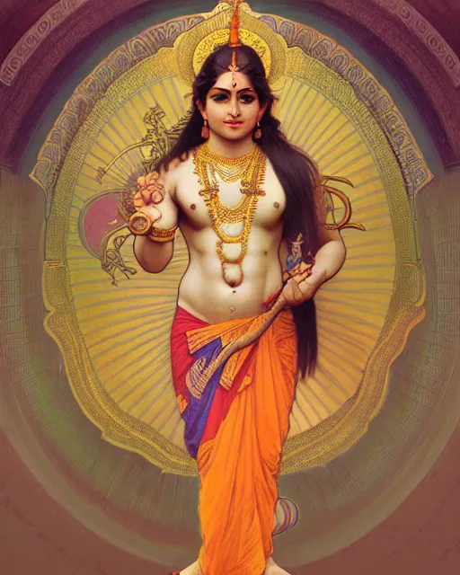 Image similar to amazing lifelike award winning pencil illustration of hindu God Krishna in style of Alphonse Mucha, trending on artstation, artgerm, Greg rutkowski, alphonse mucha, William-Adolphe Bouguereau, cinematic, epic Lighting, photorealistic, Octane render, Unreal Engine, Art nouveau