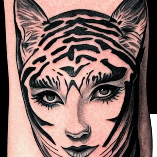 Image similar to tattoo design of a face of a beautiful girl wearing a tiger head hat, hyper detailed