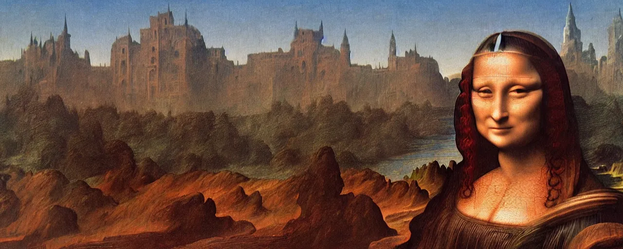 Prompt: mona lisa terminator breaking apart , castle in the background, backlight sun by beksinski