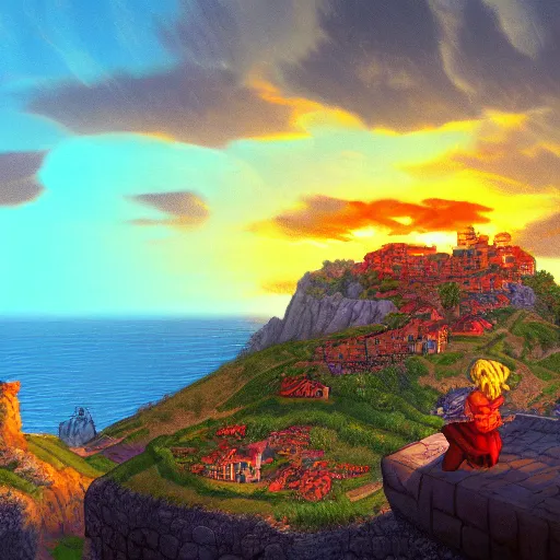 Prompt: a knight rests on a cliff above a cozy and cute seaside village at sunset, dramatic lighting, vivid color, snes screenshot, pixels, trending on artstation