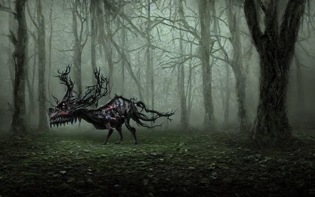 Image similar to a terrifying creature in an enchanted forest at night during torrential rain, very complex, hyper - maximalist, overdetailed, legendary cinematic, darkfantasy, highly intricate, realism, perspicious detail, silent hill aesthetic, photorealistic, lifelike, dslr 8 k, unbeatable coherency, octane render
