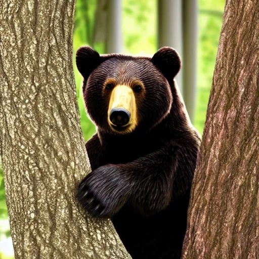 Image similar to bear hiding in a tree, realistic