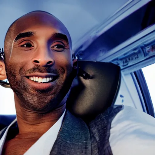 Prompt: Side shot of kobe bryant sitting in a helicopter and smoking a joint, 8k resolution, amazing detail, shot in the air