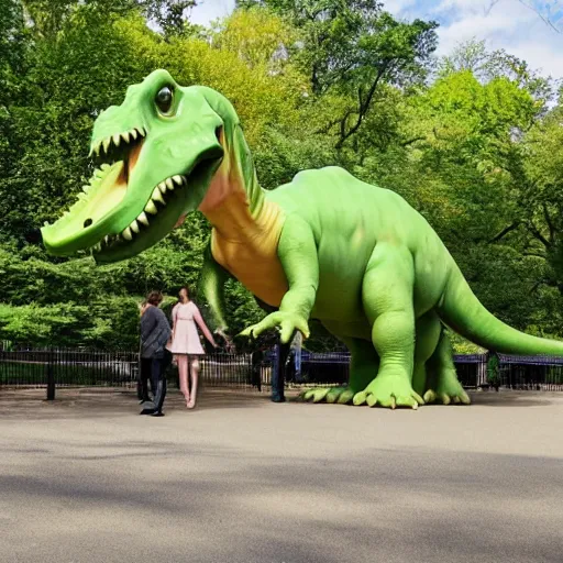 Prompt: The one where Ross leaves Rachel and gets out with a big green dinosaur in Central Park