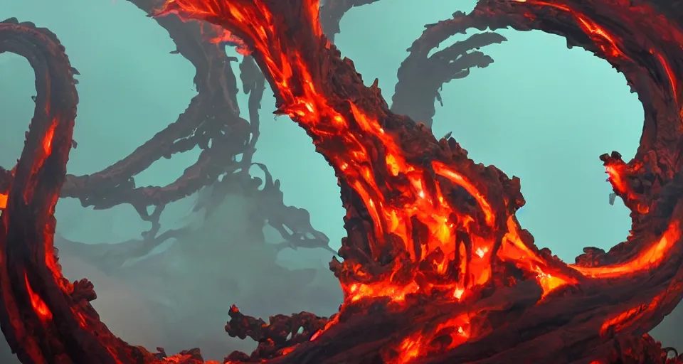 Prompt: a volcano made of ivory vines and crimson rocks enters in eruption, it spits a smoke in the shape of demonic eye, from Hearthstone