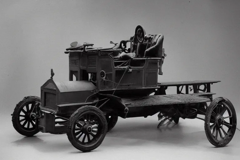 Image similar to cyberpunk 1 9 0 8 model ford t, volumetric lighting, in a museum, museum exhibit, museum lighting, 9 0 s film photo