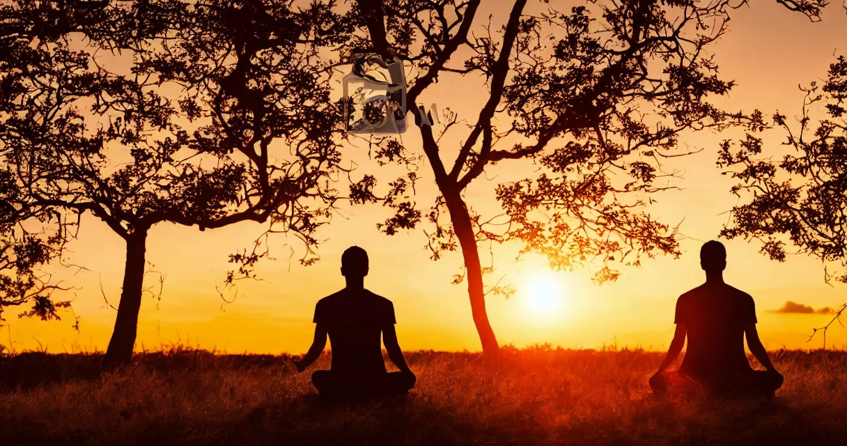 Prompt: wide range photo silhouette of a man meditating, at a beautiful sunset, highly detailed, colorful,