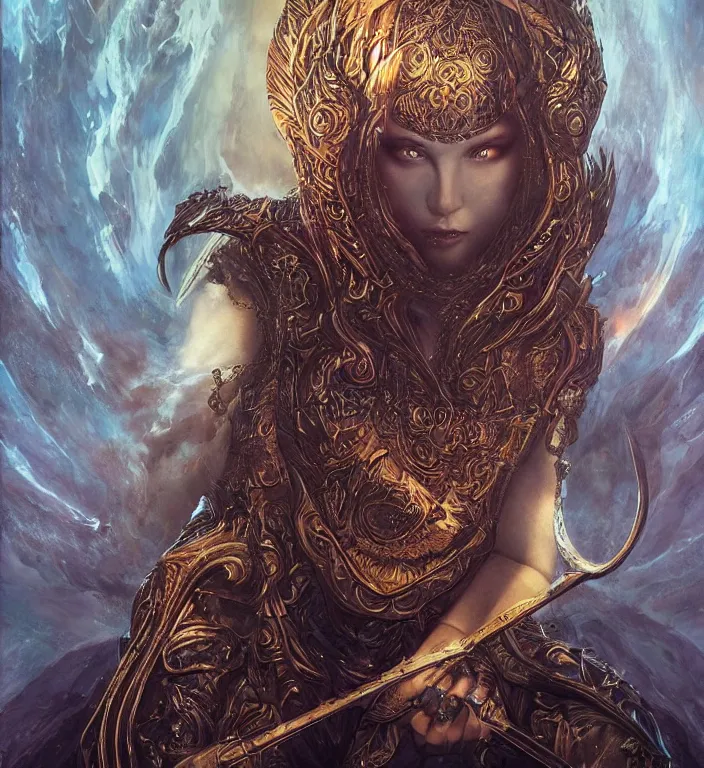 Image similar to unreal engine render + a goddess, tarot card, dark souls colour scheme, luminal, smooth, coherent, high detailed, by Karol Bak, featured on artstation, instagram HD, unreal engine