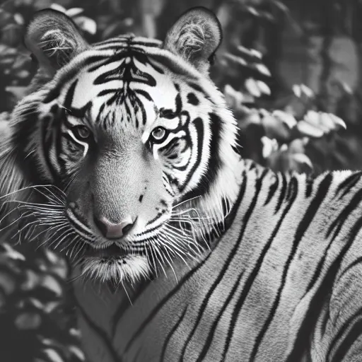 Image similar to rising silent star posing with a tiger in a garden, 1 9 2 0 s photography, trending on unsplash, black and white photography, intricately defined, complexly detailed, 4 k photorealism, golden ratio!!!!!, centered!!!!!